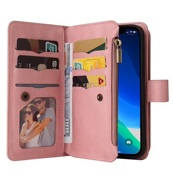 iPhone 16 Pro Max Zipper Wallet Case - Rose Gold Genuine Leather (360° Protection ) - Image 2