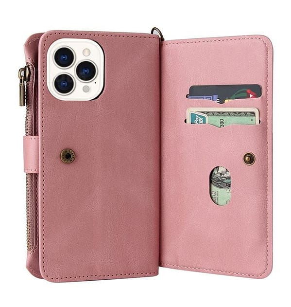 iPhone 16 Pro Max Zipper Wallet Case - Rose Gold Genuine Leather (360° Protection ) - Image 3