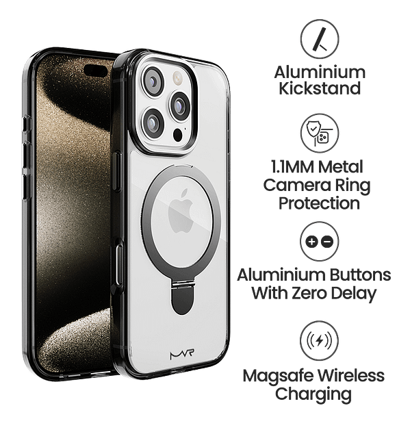 iPhone 16 Pro MVR Stellar Stand Case - Smokey Black with Kickstand | Liquid Silicone, Anti - Slip & Hands - Free Viewing - Image 5