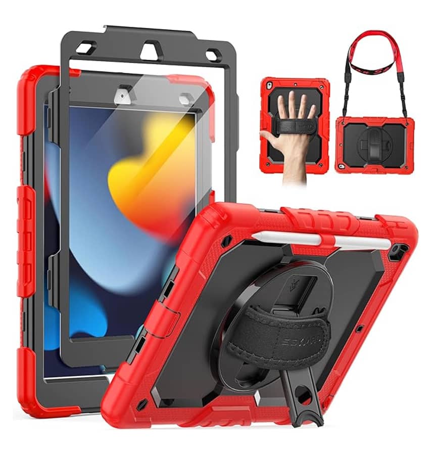iPad 10.2 9th 10th Gen Survivor Case – Shockproof Cover with Hand Strap Vibrant Red
