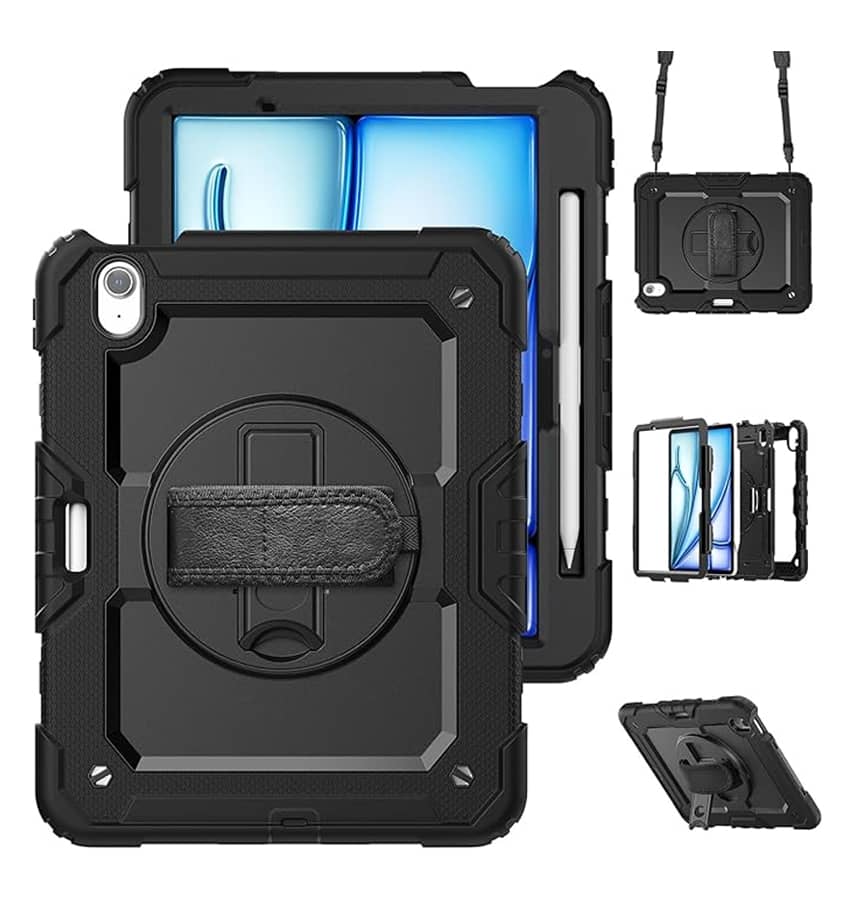 iPad Air 11 2024 Heavy – Duty Armor Case – Shockproof Design with Non – Slip Hand Strap Black