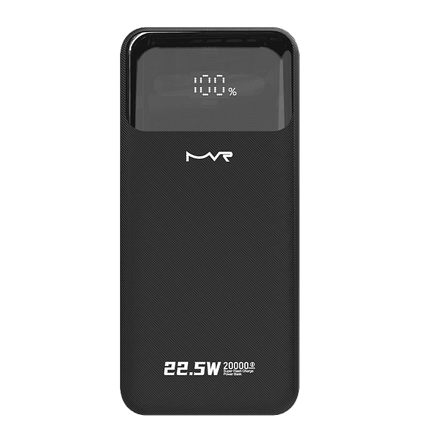 Black 20000mAh ultrafast portable power bank with built-in cable for fast charging.