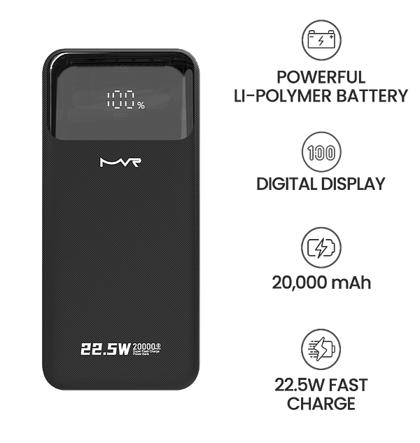 20000mAh Power Bank with Built - in Cable - MVR Rapid 20W Ultra - Fast Charging | Portable & Dual Output (Black) - Image 9