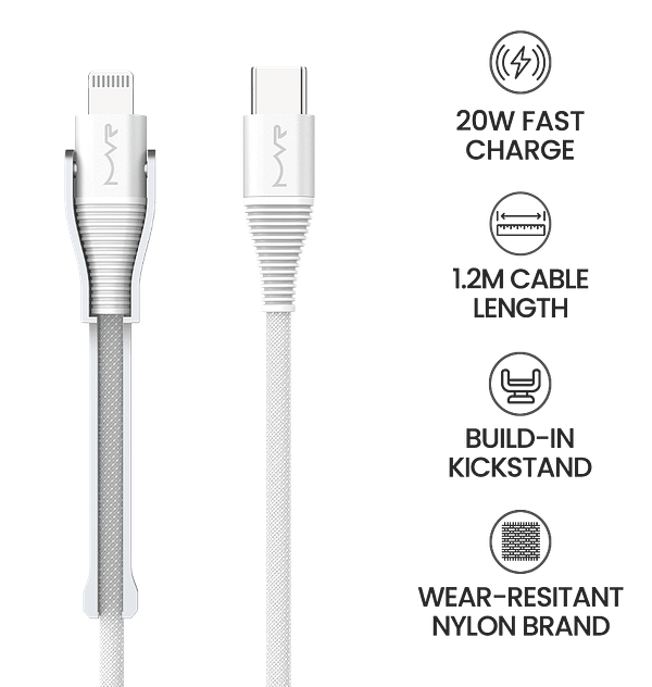 MVR 1.2m MFi Certified Lightning Cable – USB-C with Phone Stand for iPhone (White) - Image 9