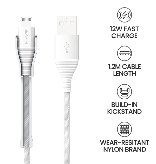 MVR 1.2m Lightning Cable – USB-A to MFi Certified with Kickstand for iPhone (White) - Image 8