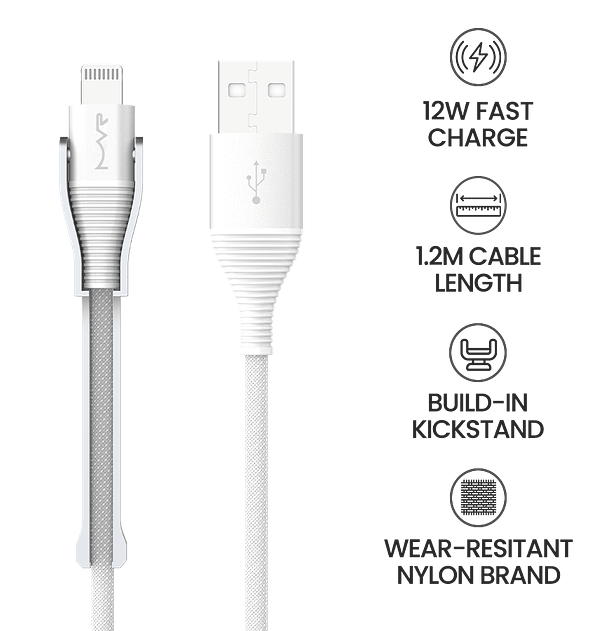 MVR 1.2m Lightning Cable – USB-A to MFi Certified with Kickstand for iPhone (White) - Image 8