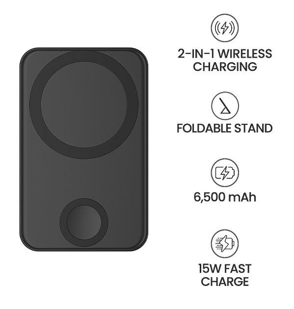 MVR MagSafe Power Bank - 6500mAh Snap Stand | 2 - in - 1 Wireless Charger & Phone Stand, Portable 15W Fast Charging (Black) - Image 8