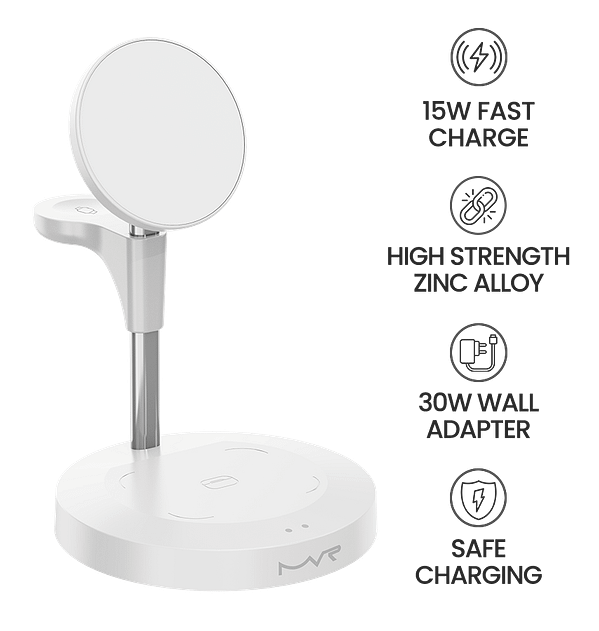 MVR 3 - in - 1 Wireless Charging Station - 15W Fast Charge for iPhone/Magsafe, AirPods & Apple Watch (White) - Image 5