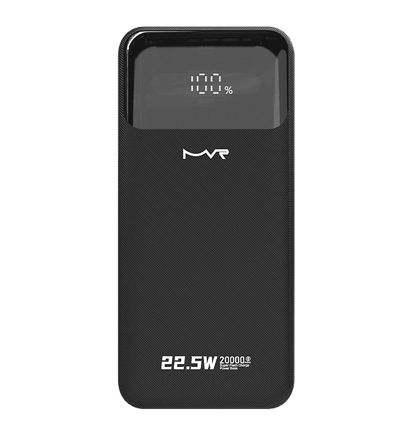 Black 20000mAh ultrafast portable power bank with built-in cable for fast charging.