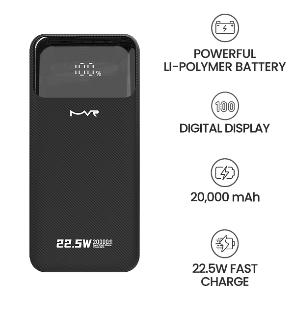 20000mAh Power Bank with Built - in Cable - MVR Rapid 20W Ultra - Fast Charging | Portable & Dual Output (Black) - Image 9