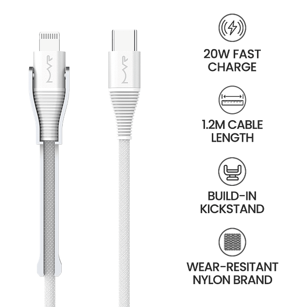 MVR 1.2m MFi Certified Lightning Cable – USB-C with Phone Stand for iPhone (White) - Image 9