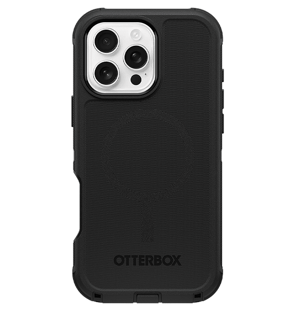 Black Otterbox Defender MagSafe back cover for iPhone 16 Pro Max, ultimate drop protection.
