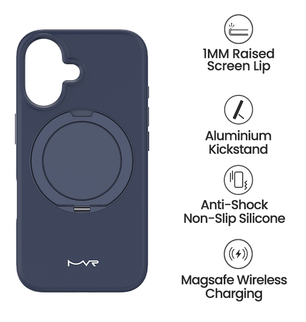 iPhone 16 MVR Liquid Silicone Stand Case - Navy Blue | Anti - Fingerprint Silky Finish | Sturdy Kickstand for Media Viewing - Image 5
