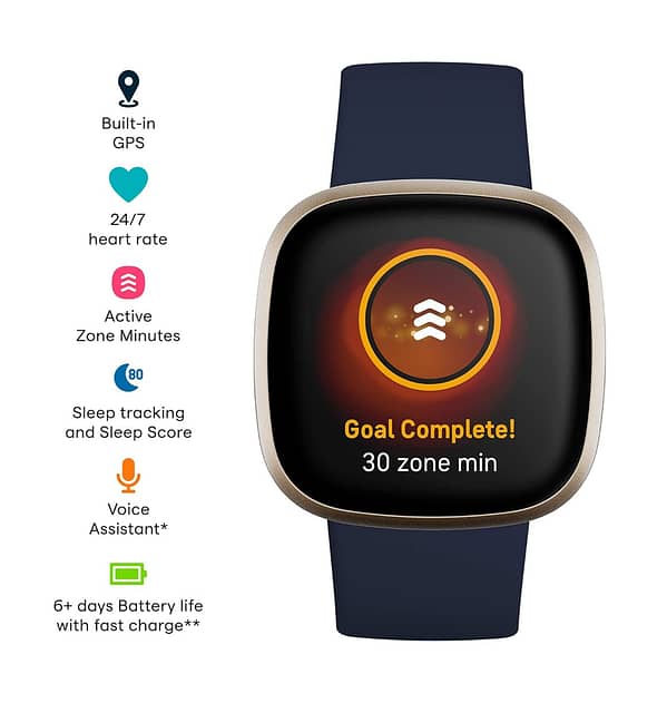 Fitbit Versa 3 Health Smartwatch - Navy Gold Stainless Steel Case with SpO2 Monitor - Image 2