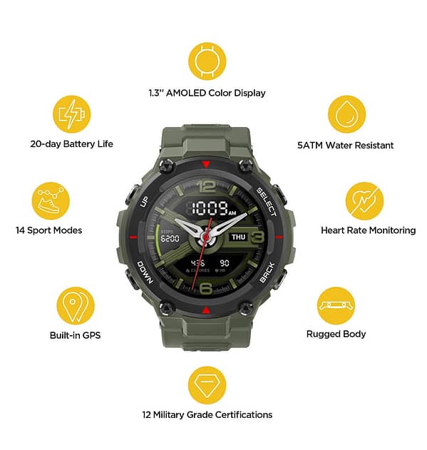 Amazfit T - Rex Army Green Sport Band - Heavy - Duty TPU, Sweatproof, Adventure - Ready Design - Image 2