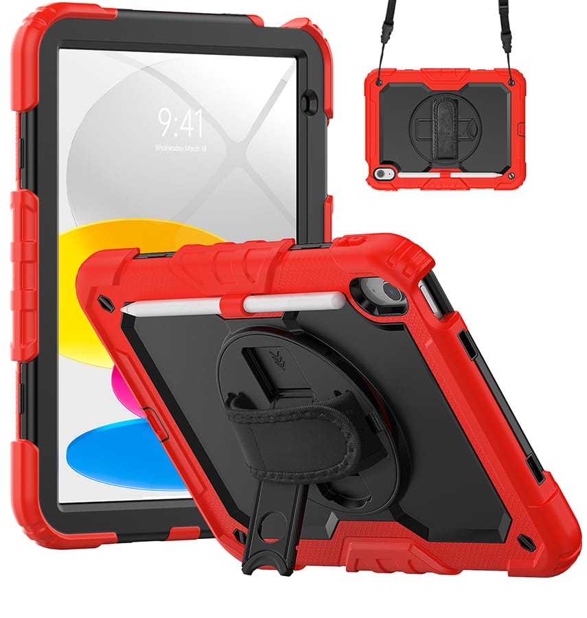 Red Survivor hand strap case for iPad 10.9 10th Gen, tough and comfortable design