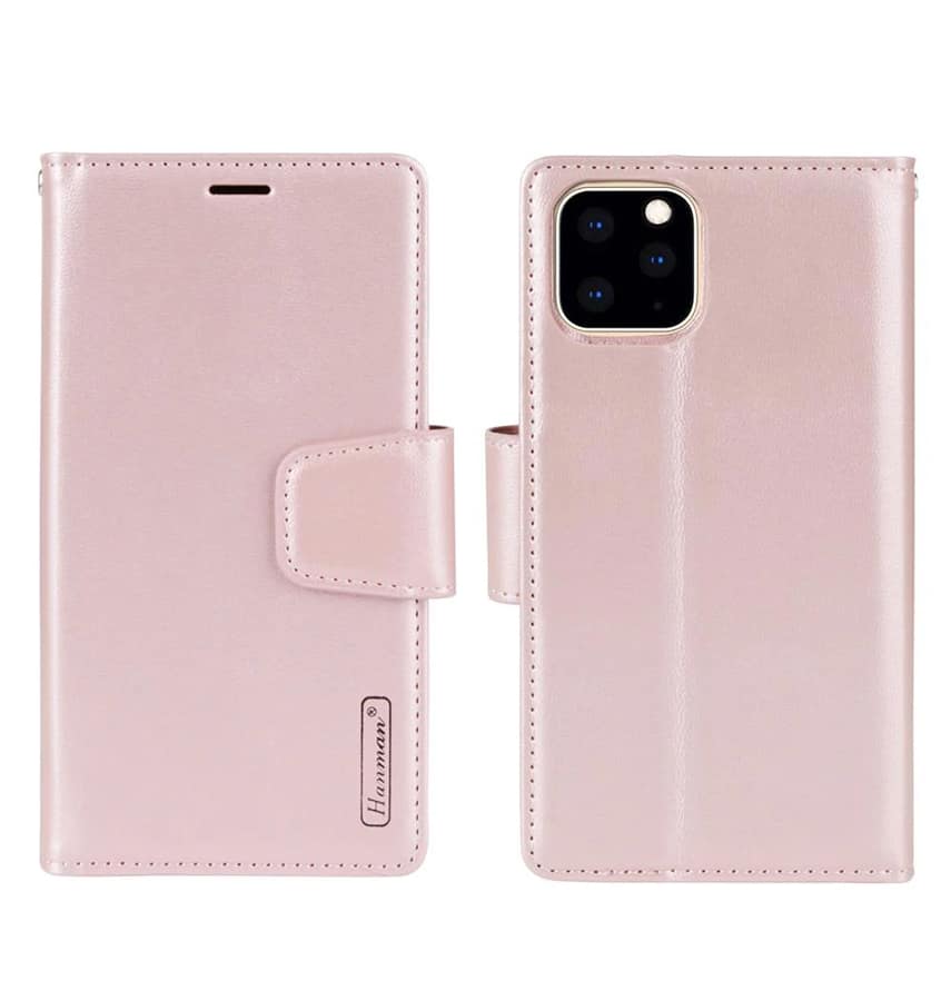 Rose Gold Hanman magnetic detachable leather flip wallet case for iPhone 13, premium and secure.