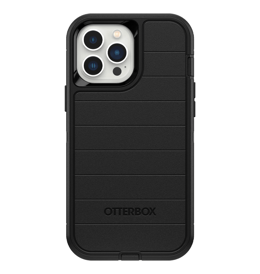 Black Otterbox Defender back cover for iPhone 13 Pro Max, rugged and tough protection.