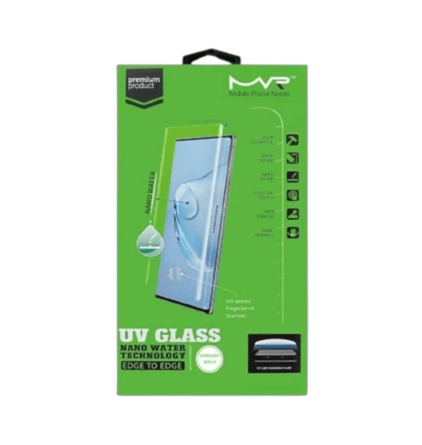 Clear MVR UV glass screen protector for Samsung Galaxy S21 Ultra.