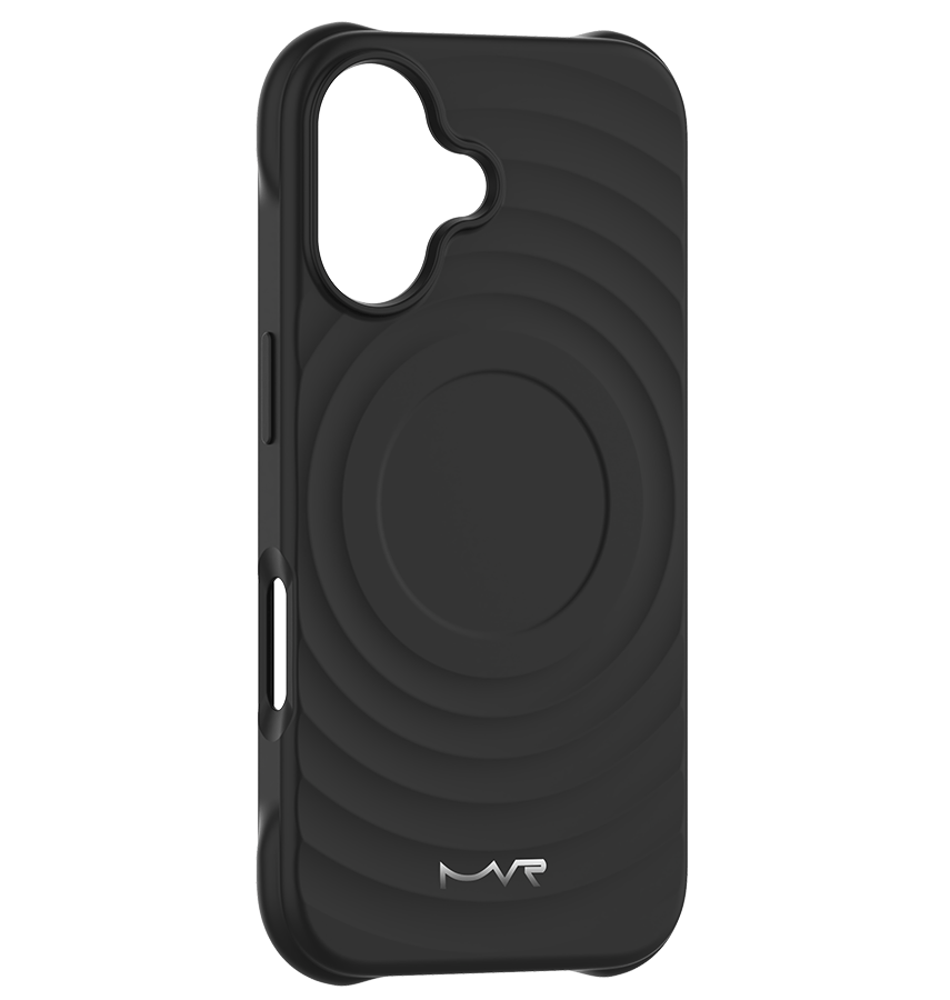 Black MVR Wave Silicone Back Cover for iPhone 16, durable and slim fit