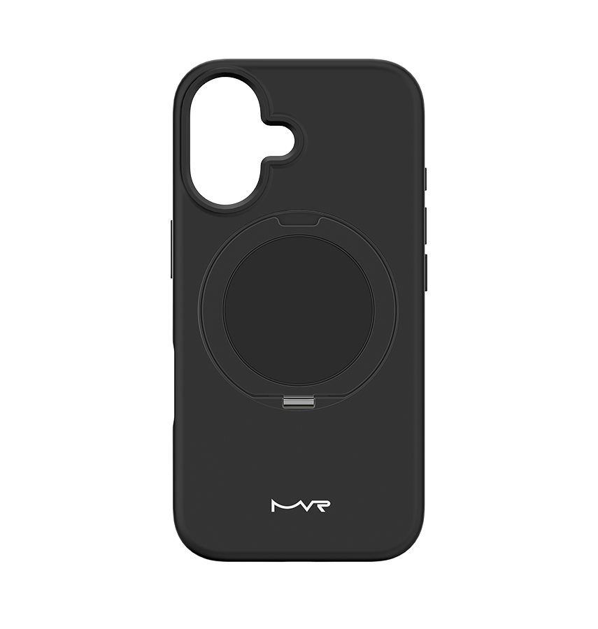 Black MVR Liquid Silicone Back Cover W/Stand for iPhone 16, soft-touch protection