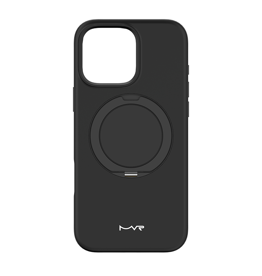 Black MVR liquid silicone back cover with stand for iPhone 16 Pro, durable and convenient.