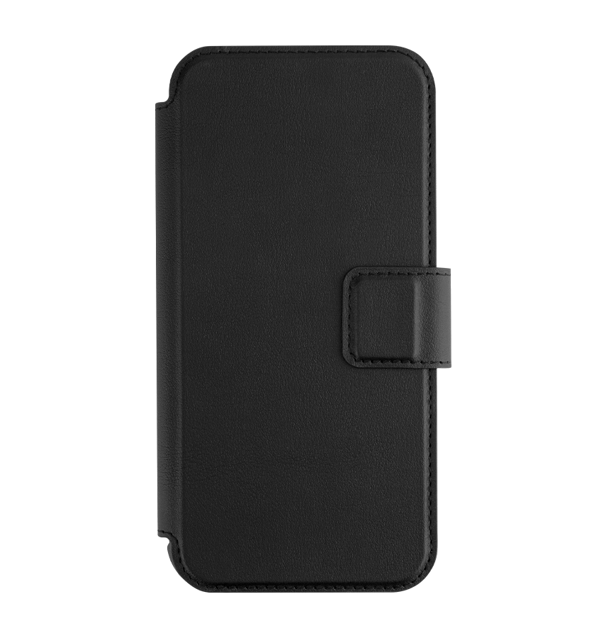 Black MVR Luxe-Guard MagSafe flip wallet case for iPhone 16 Pro Max, versatile and stylish.