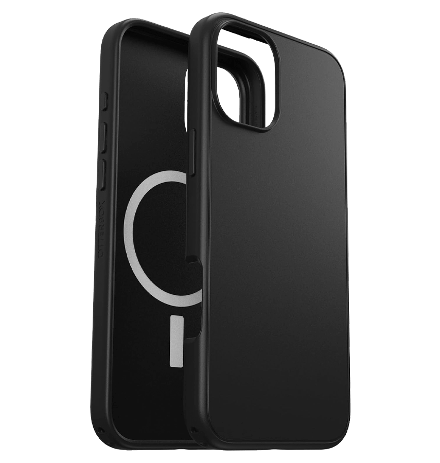 Black Otterbox Symmetry MagSafe Back Cover for iPhone 16, sleek and durable