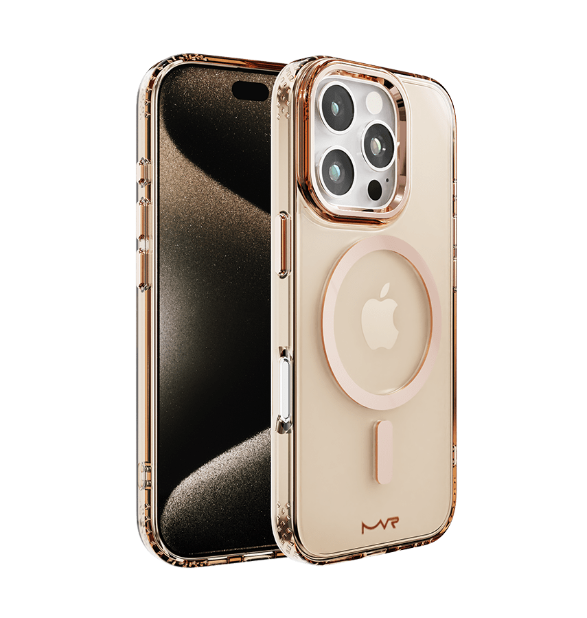 Rose gold MVR Impact IMD back cover for iPhone 16 Pro, elegant and protective design.