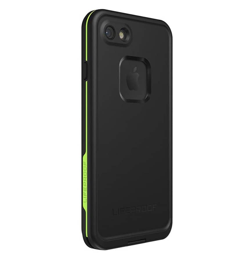 Black/lime Lifeproof Fre back cover for iPhone 7/8/SE2, rugged and waterproof.