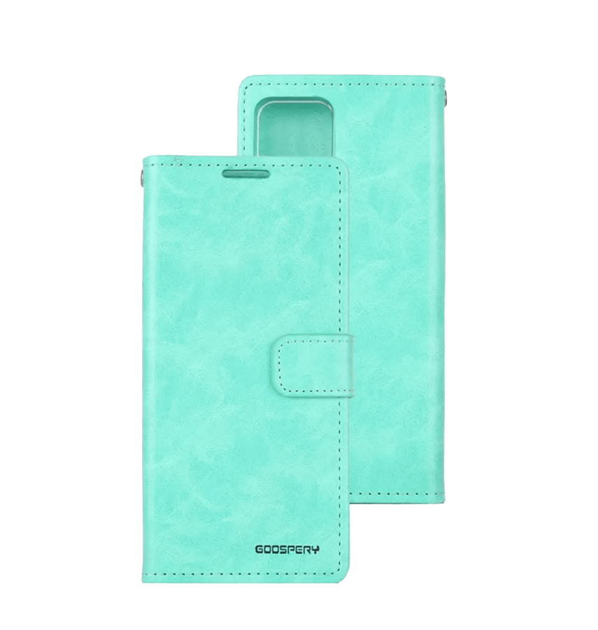 Mint Mercury Bluemoon Diary flip wallet case for iPhone 13/14/15/16e, elegant and durable