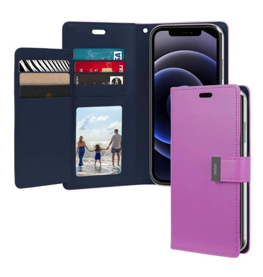 Purple/Navy Mercury Rich Diary Flip Wallet Case for iPhone 15 Plus, stylish and secure