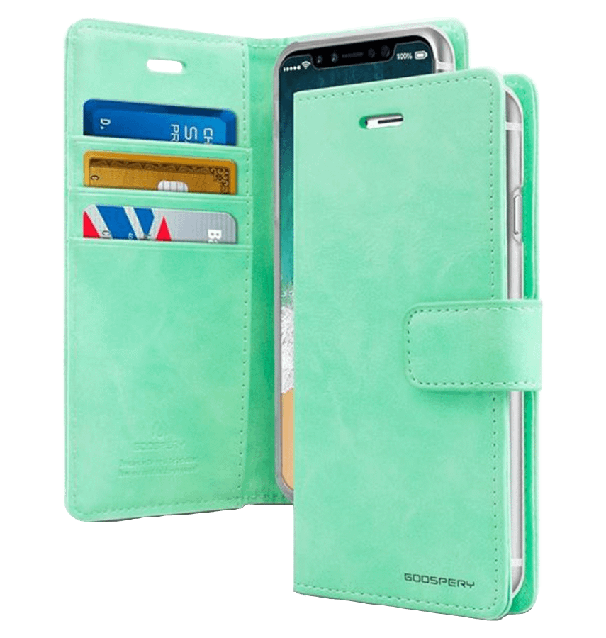 Mint Mercury Bluemoon diary flip wallet case for iPhone 16 Pro Max, trendy and practical.