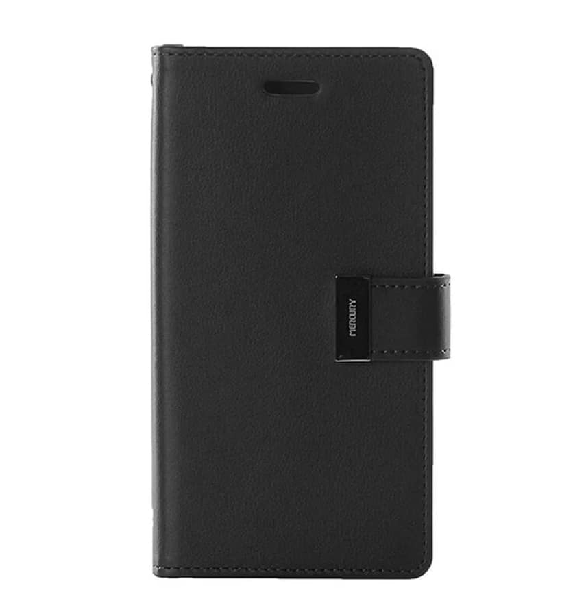 Black/Black Mercury Rich Diary Flip Wallet Case for iPhone 14 Pro, classic and practical.