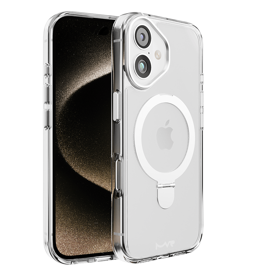 Silver MVR Stellar Stand Back Cover for iPhone 16, sleek and versatile design