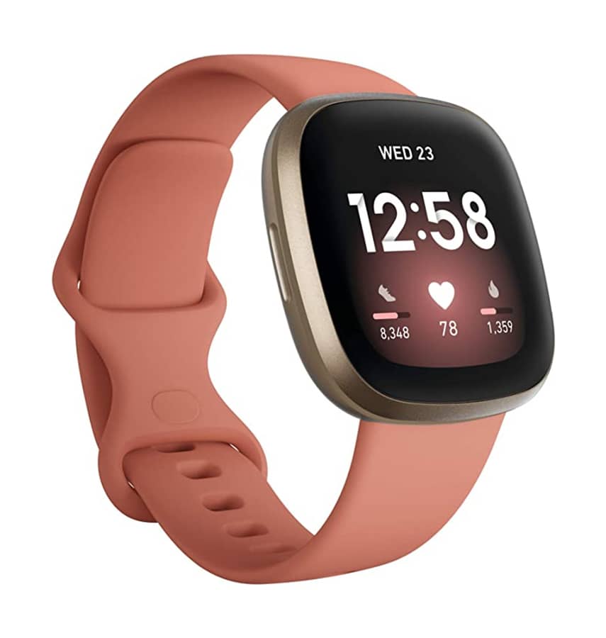 Pink/Gold Fitbit Versa 3, stylish fitness tracker with heart rate monitor