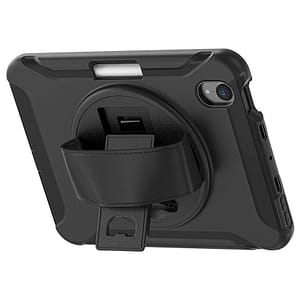 Black Survivor case with hand strap for iPad Mini 6, rugged and secure protection