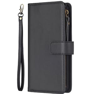 Black Zipper Wallet Flip Case for iPhone 14 Pro Max, durable and practical.