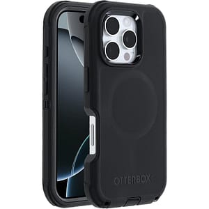 Black Otterbox Defender MagSafe back cover for iPhone 16 Pro, shockproof protection.