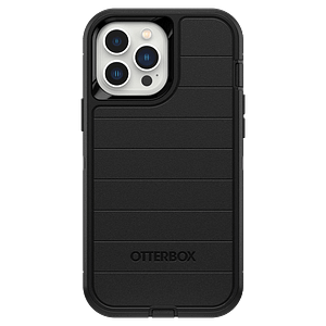 Black Otterbox Defender back cover for iPhone 13 Pro Max, rugged and tough protection.