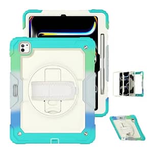 iPad Pro 11″ 2024 360° Survivor Case with Handle – Rainbow Blue Rotating Stand + Shockproof Design