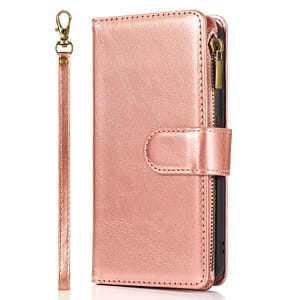 Rose Gold Zipper Wallet Flip Case for iPhone 14 Pro Max, sleek and secure.