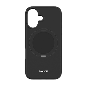 Black MVR Liquid Silicone Back Cover W/Stand for iPhone 16, soft-touch protection