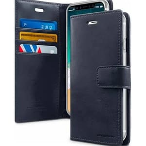 Navy Mercury Bluemoon diary flip wallet cover for iPhone 16 Pro, elegant protection with storage.