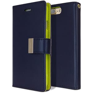 iPhone 14 Pro Rich Diary Case – Navy/Lime | Mercury – Card Slots, Magnetic Closure & Stylish PU Leather