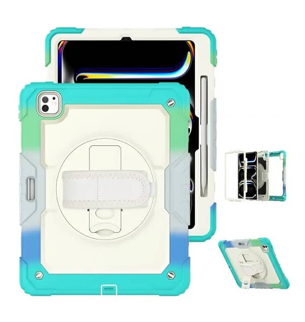 iPad Pro 11″ 2024 360° Survivor Case with Handle – Rainbow Blue Rotating Stand + Shockproof Design