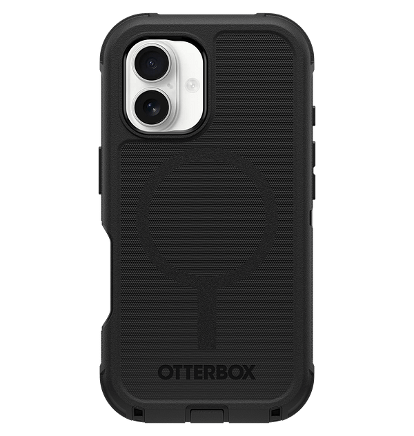 Black Otterbox Defender MagSafe Back Cover for iPhone 16, tough and protective