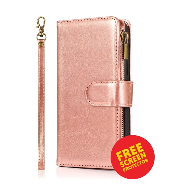 iPhone 17 Zipper Wallet Case – Rose Gold | All-Around Protection, Cash Pocket, Detachable Strap