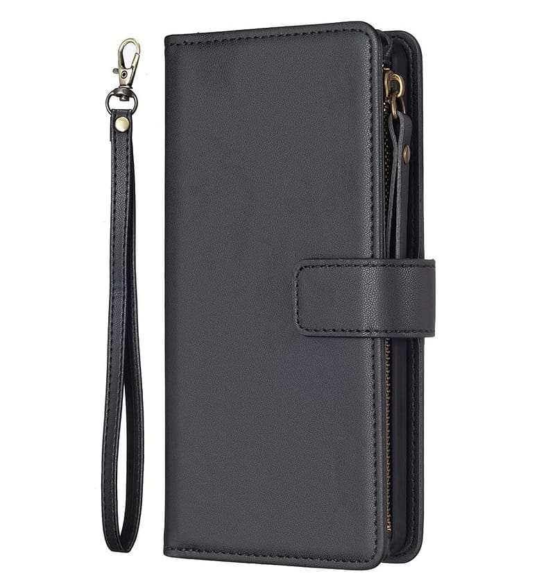 Black zipper wallet flip case for iPhone 13 Pro Max, sleek and protective design.