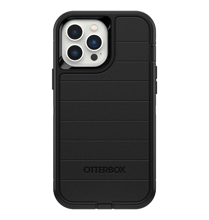 Black Otterbox Defender back cover for iPhone 13 Pro Max, rugged and tough protection.